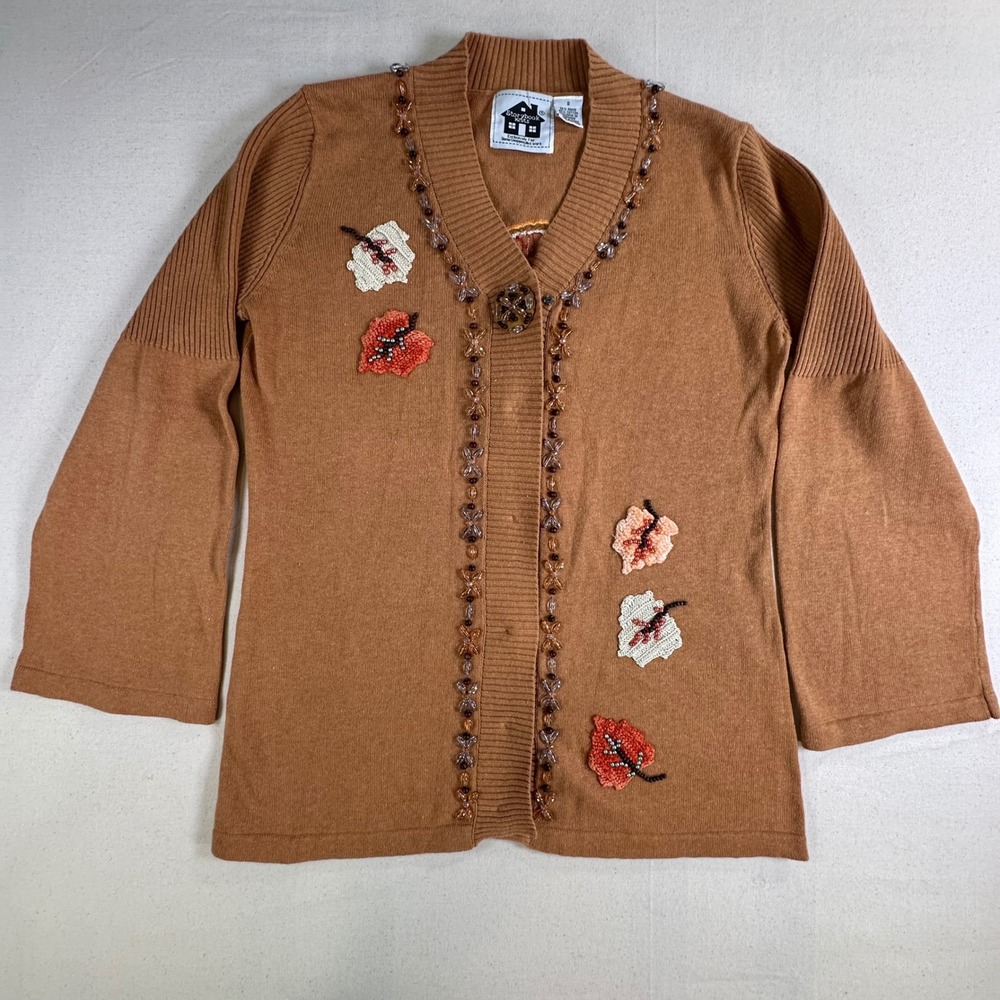 Storybook Knits Brown Thanksgiving Turkey Beaded Cardigan Sweater Womens Small